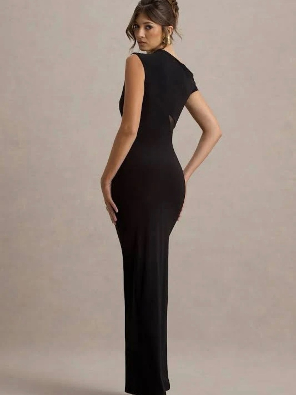 Club L London Emily Black Asymmetric Mesh Maxi Gown Dress Size 10 NWT - Picture 3 of 15